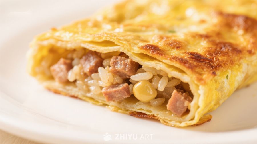 蛋包饭卷，内含米饭与肉块