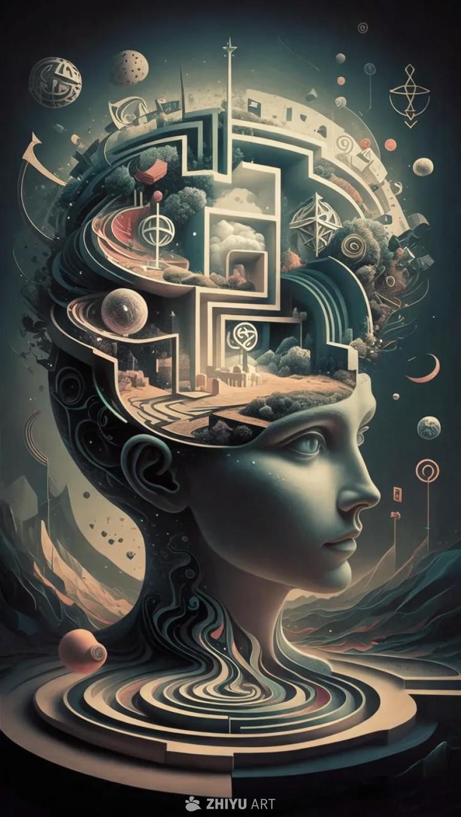 一个头像，头颅部分被掏空，内部展现出超现实的景象。