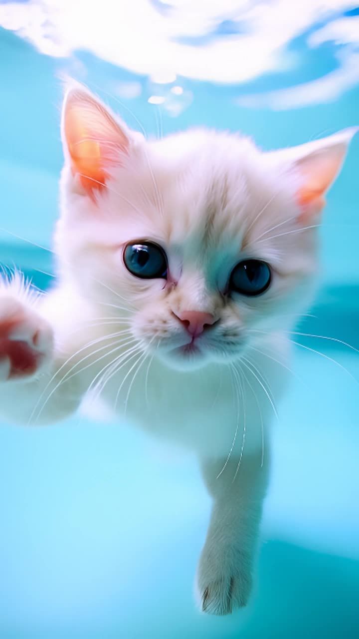 一只白色小猫在水下，它的眼睛睁得大大的，好奇地看着