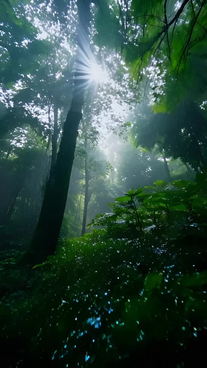 雨水落在茂密的森林里，水滴在树叶和树枝上闪闪发光。
