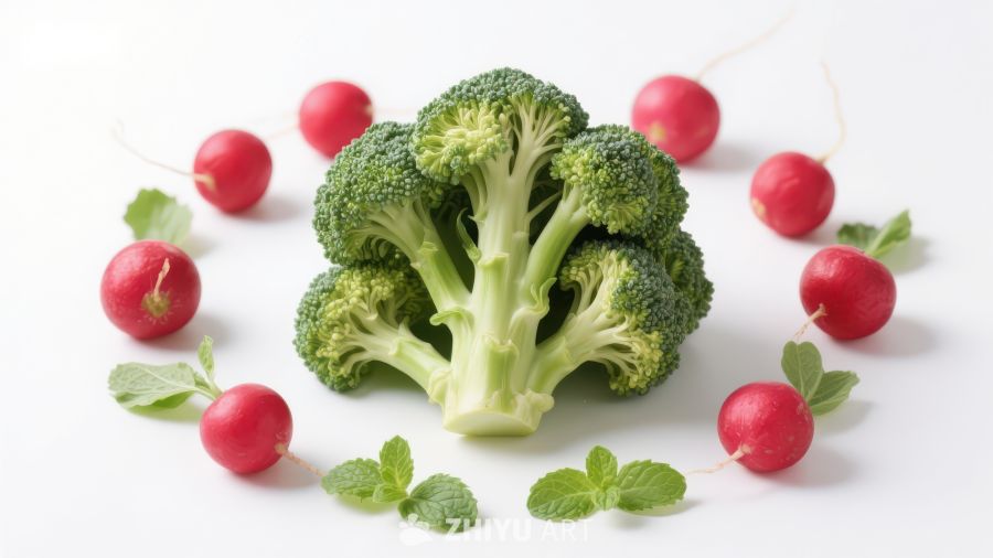 新鲜西兰花与樱桃萝卜的组合