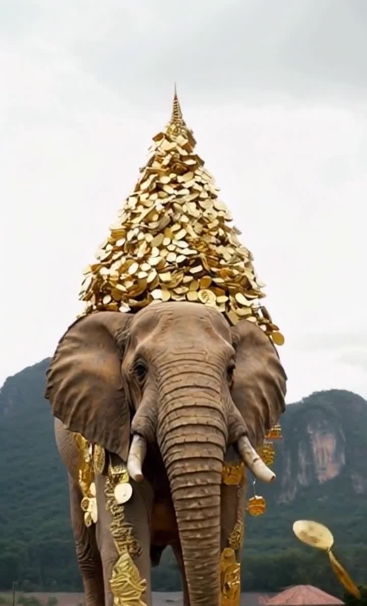 黄金象驮金字塔，背景虚化山景，构图专业。