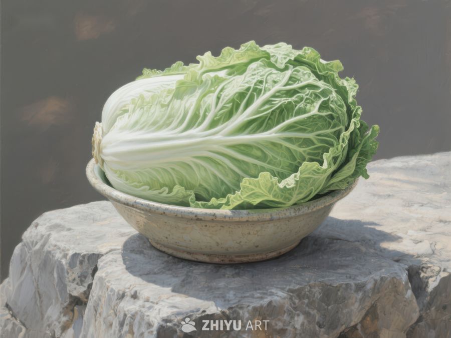 白菜置于石台上的陶碗中 9
