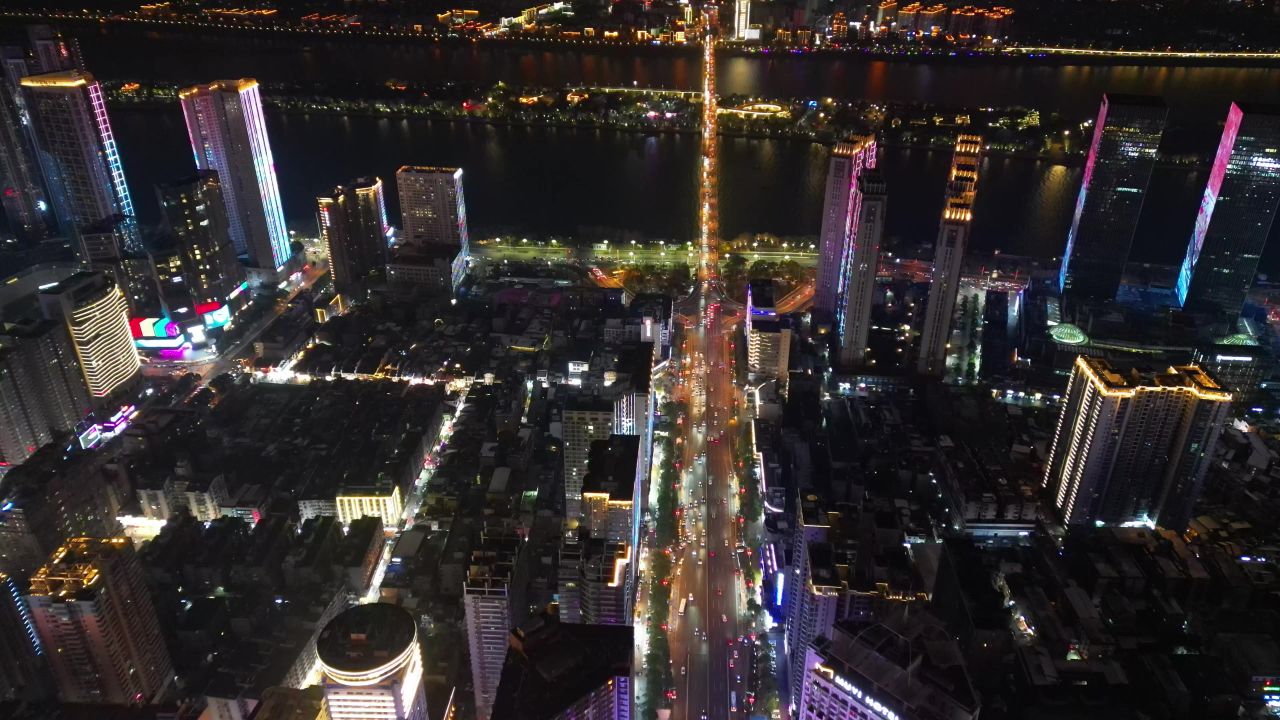 湖南长沙城市夜景灯光航拍