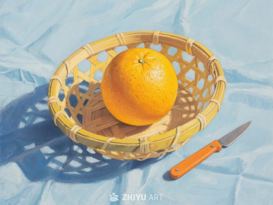 橙子置于竹篮旁配小刀 76