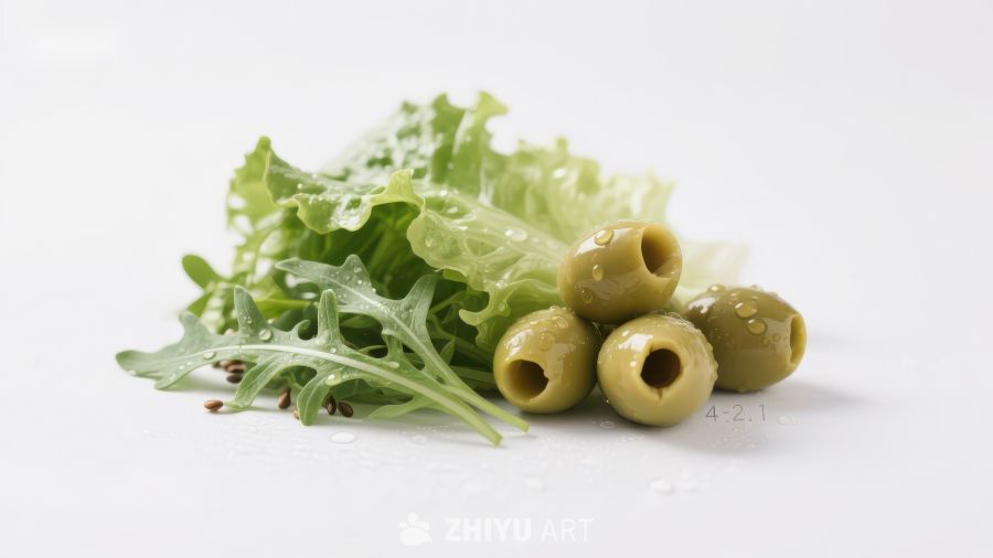 新鲜绿橄榄与生菜特写