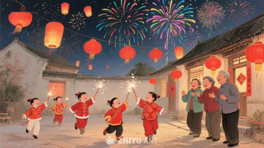 欢庆春节，孩童舞动烟花 352