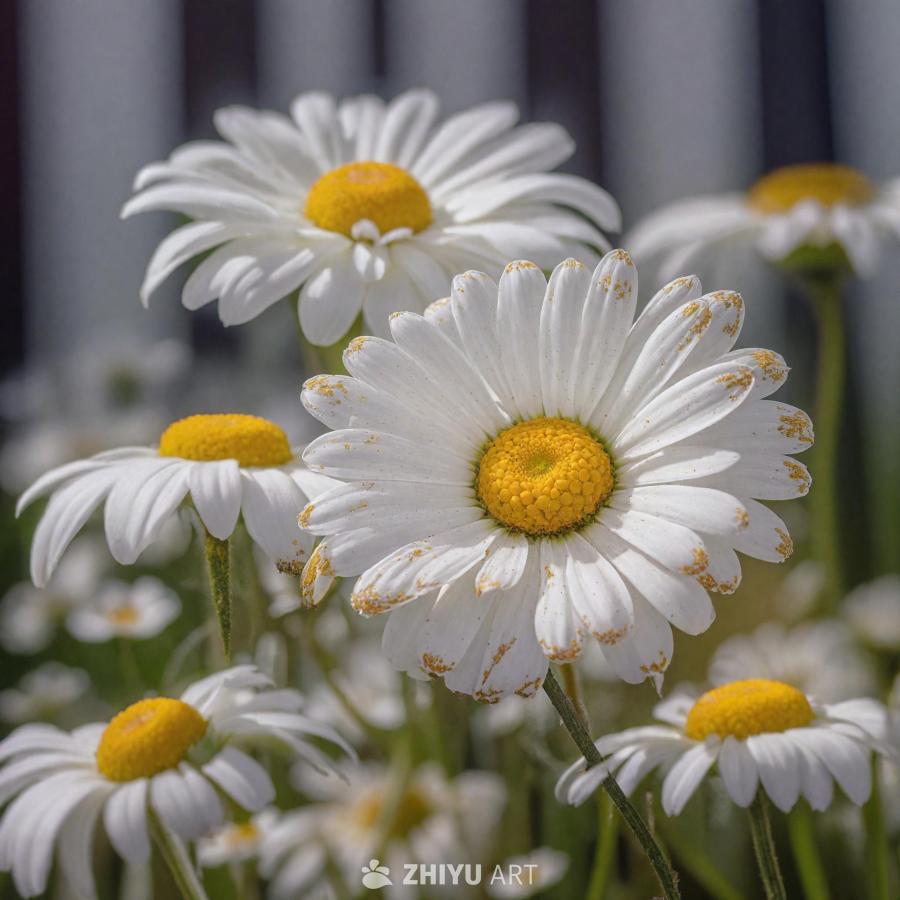 白色雏菊花朵特写，花朵中心为黄色，在一片雏菊花田中
