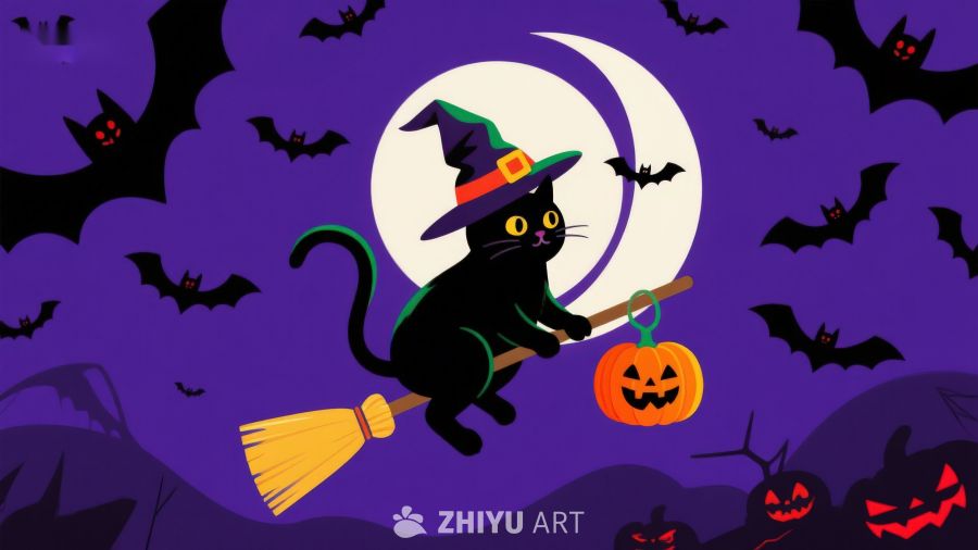 万圣夜猫巫师骑扫帚
