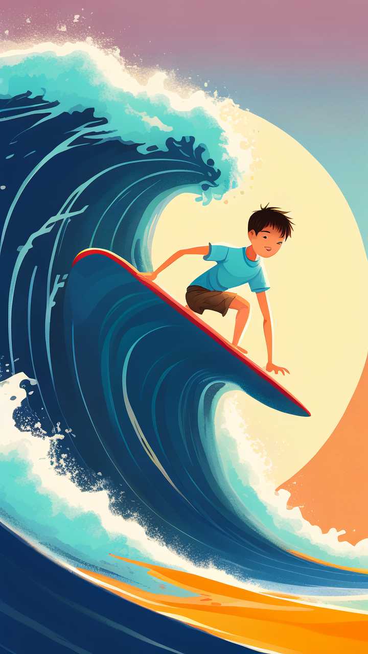 男孩冲浪插画