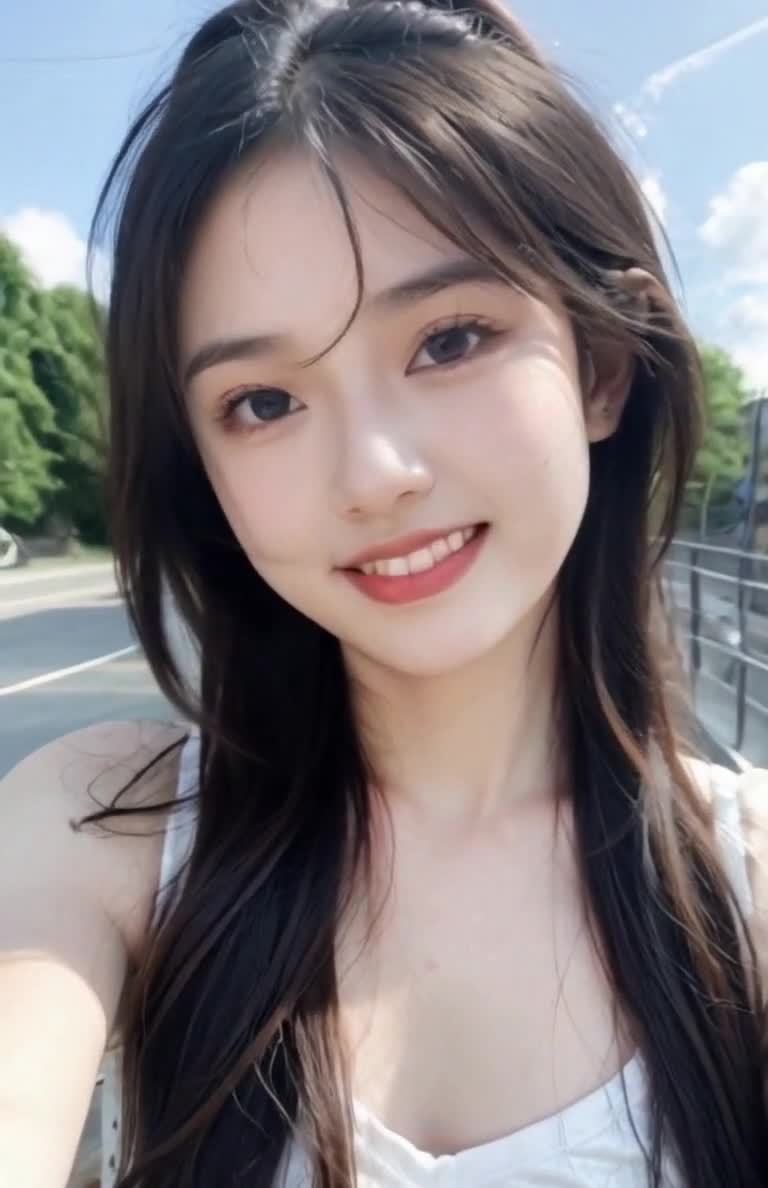 一个年轻女性始终面向镜头。镜头逐渐拉近，展现女性的