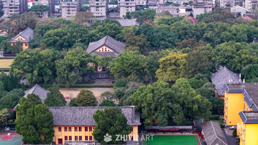 古建筑群与绿树环绕的城市一角