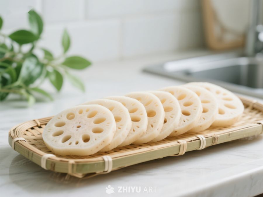 莲藕切片置于竹制托盘 253