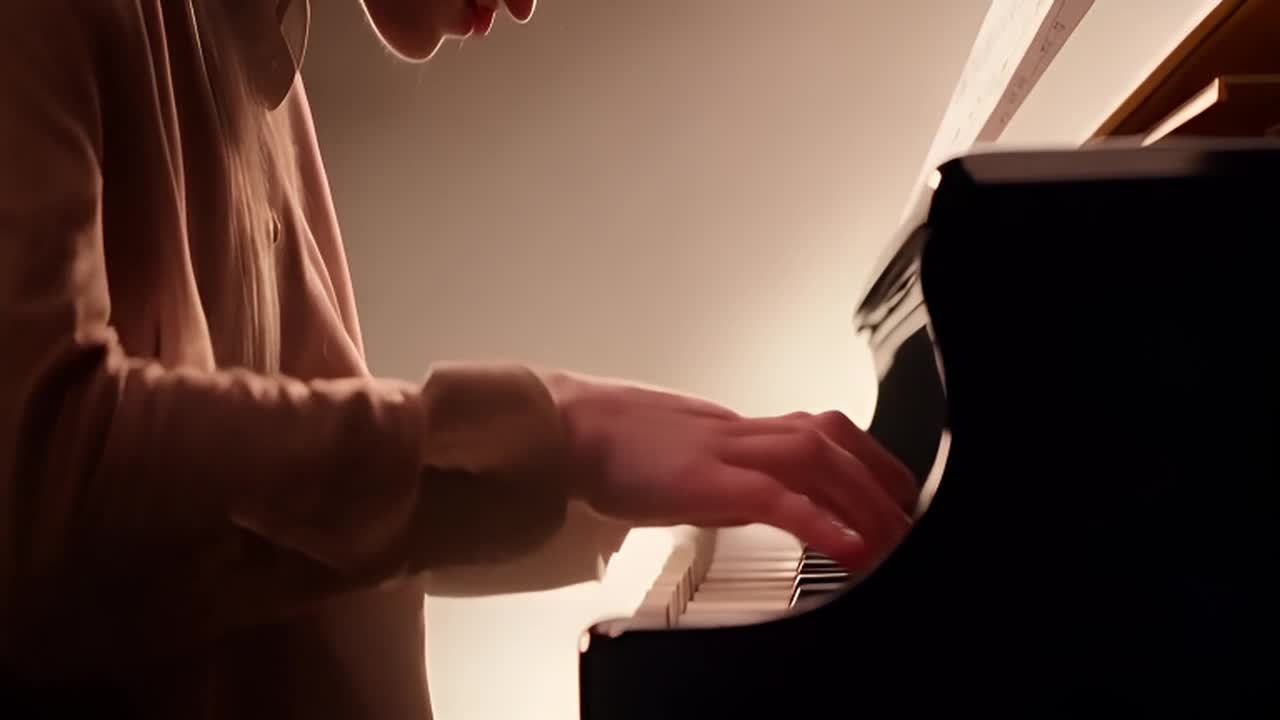 一位年轻的动画音乐作曲家坐在钢琴前，正专注于研究乐