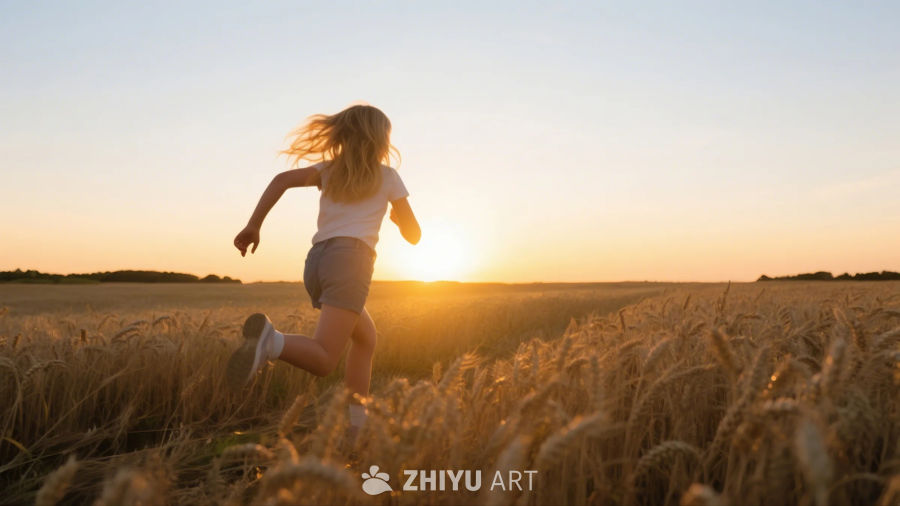 夕阳麦浪，金发少女迎着阳光奔跑的背影2