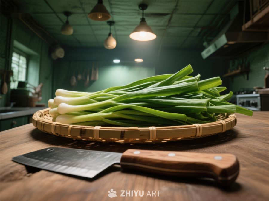 新鲜葱段置于竹篮，旁配木柄刀具 399