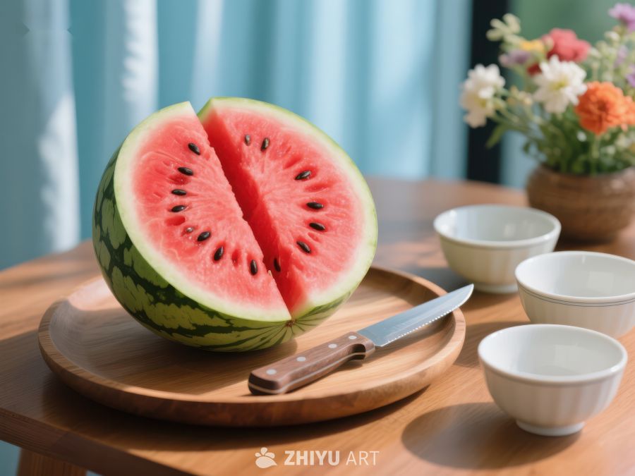 切开的西瓜与茶杯静物图 322