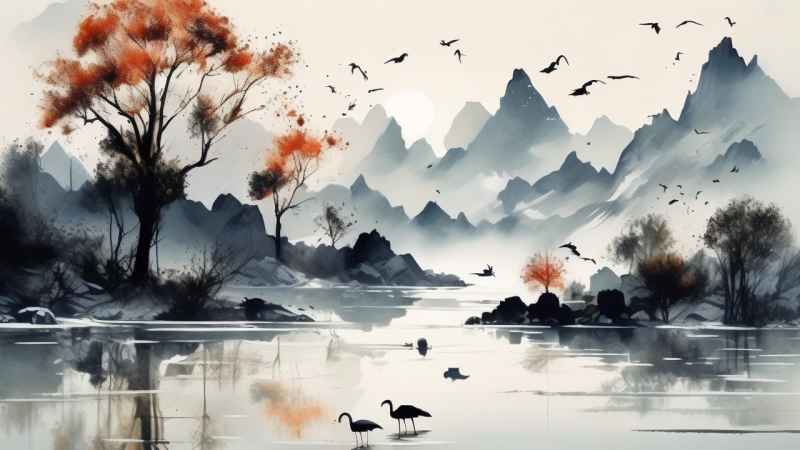 国风山水鹤插画背景 81