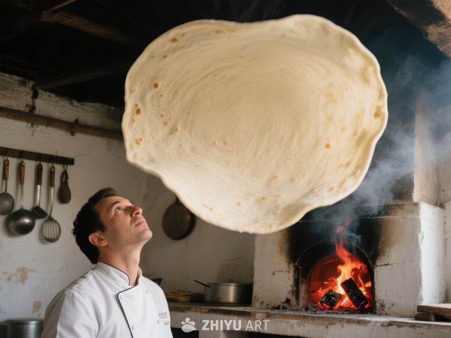 厨师抛掷面饼，火焰烘烤 113