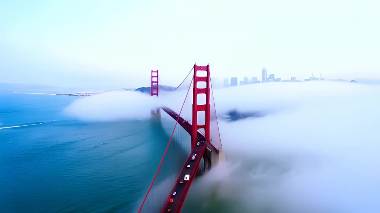 美国旧金山金门大桥被雾气环绕，桥身呈红色，有车辆在