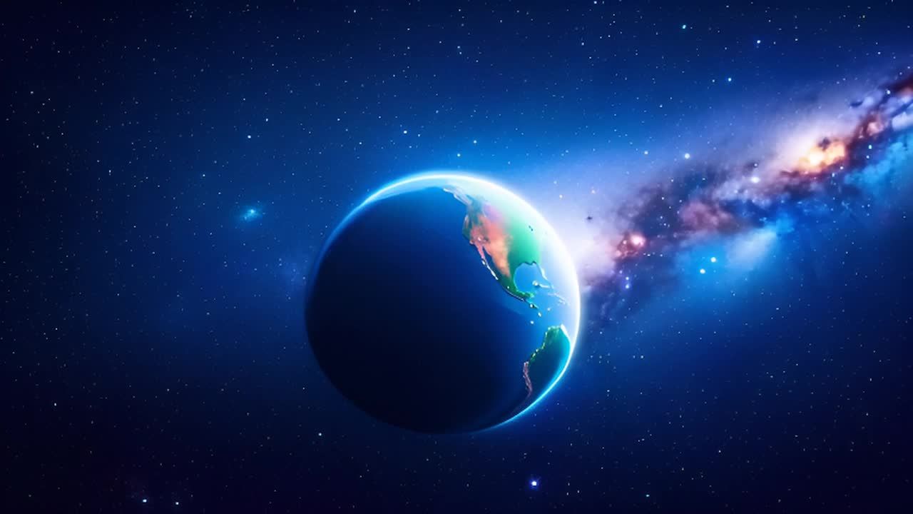 一个蓝色的星球漂浮在星空中，星球表面可见陆地和海洋