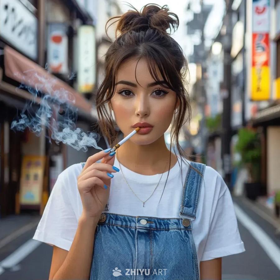 一名日本女性，留着丸子头，涂着蓝色长指甲，赤脚站在