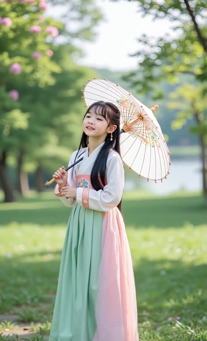 手持伞穿汉服的可爱女孩在绿地微笑着。