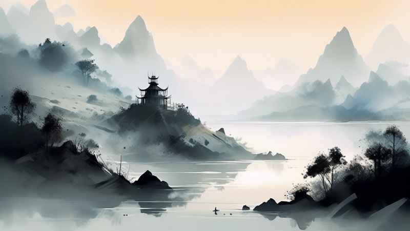 雾气缭绕水墨山水画简约风格 77