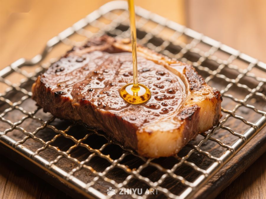 烤肉上淋油的瞬间