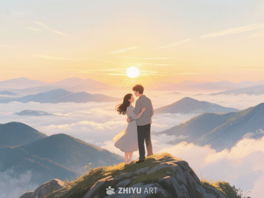 山顶情侣拥抱，云海日出美景 640