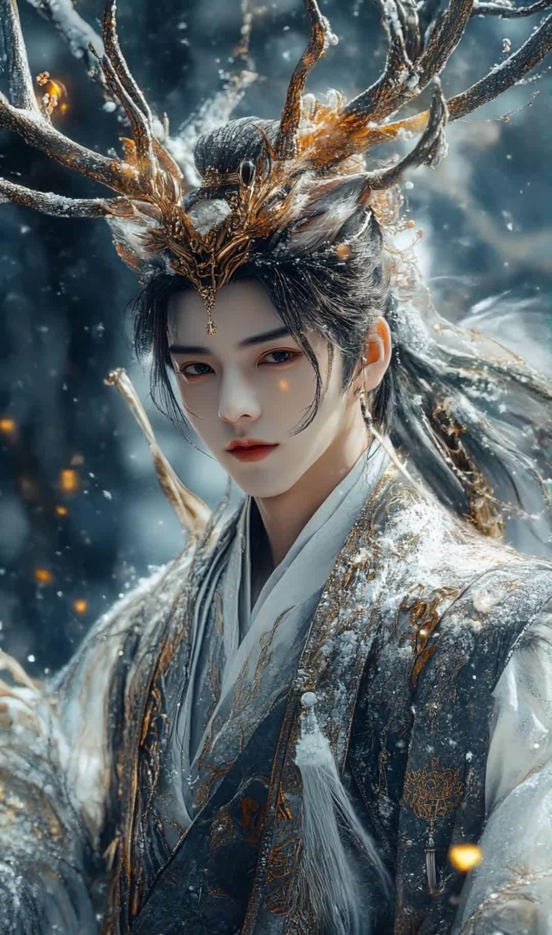 雪中俊美男子：金色华服与头饰，仙气唯美风采。