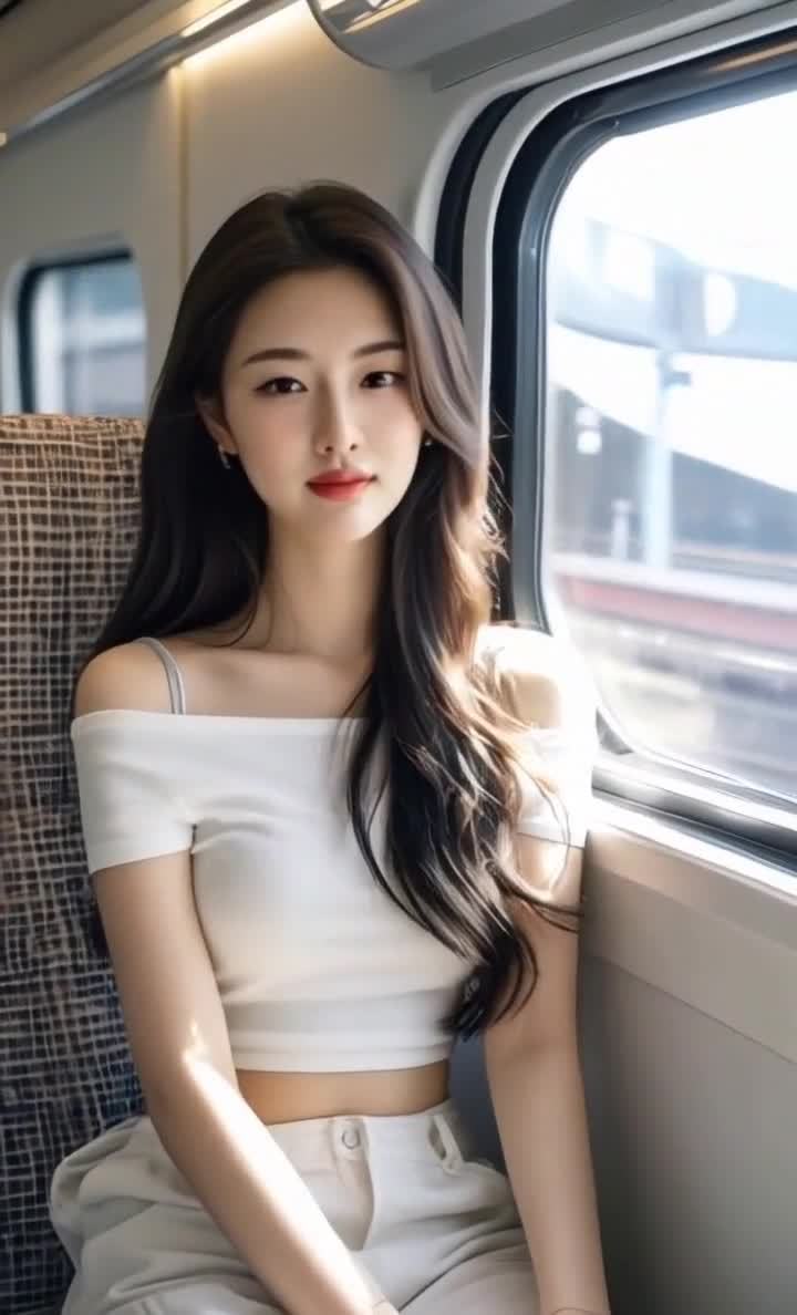 高铁上的美女，穿着露肩装，面带微笑。