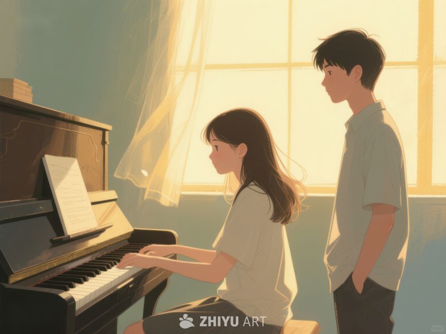 少女弹钢琴，少年静静聆听 671