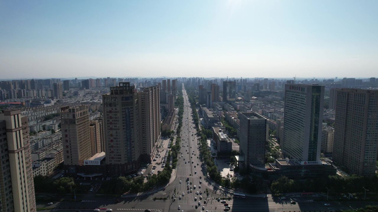 山东潍坊城市风光交通城市大景高楼建筑航拍 