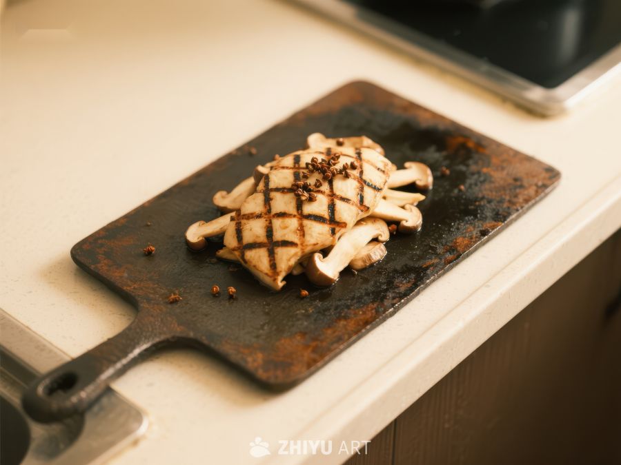 烤制蘑菇摆放在复古铁板上 610