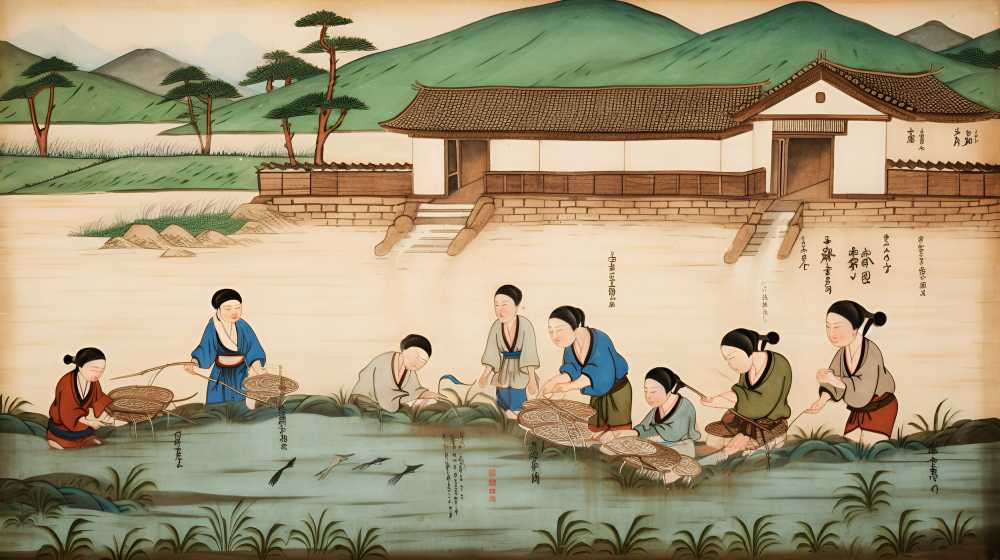 小学生在学校的池塘里种水稻