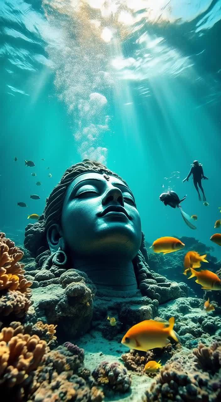 水下场景中，一座湿婆雕像位于画面中央。雕像表面可见