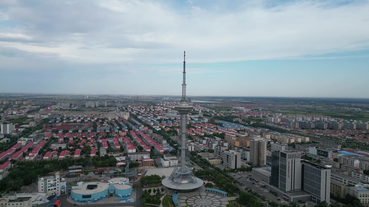 航拍山东东营城市风光胜利电视塔
