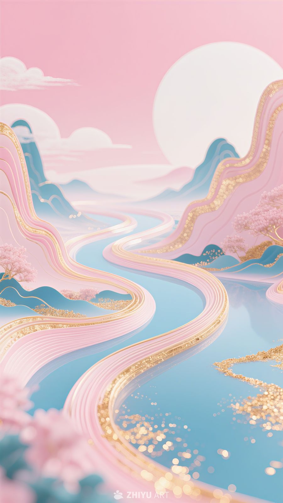 金箔中国风山水河流插画背景素材 9