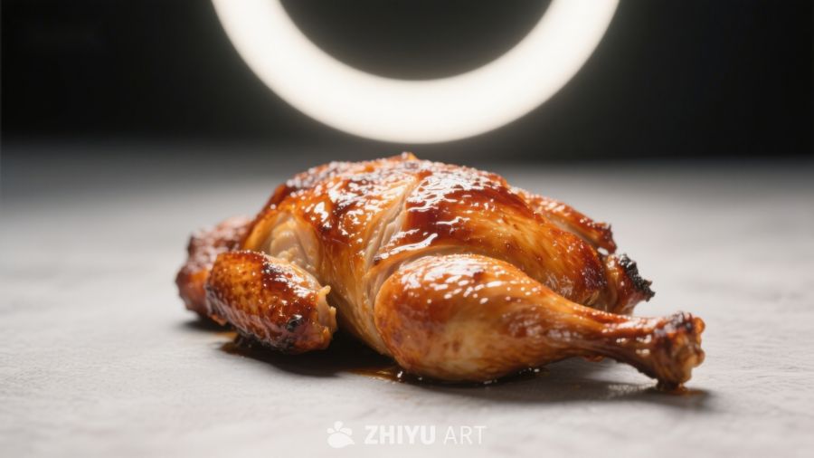 烤鸡特写，灯光环绕