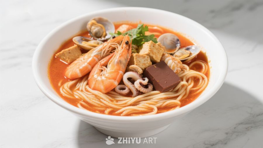 海鲜炒面，配虾、鱿鱼和豆腐