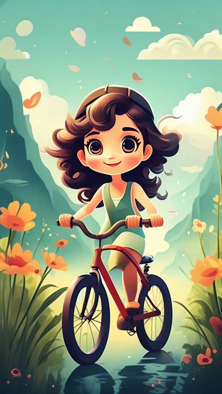 卡通可爱的女孩骑自行车梦幻般的意象 2