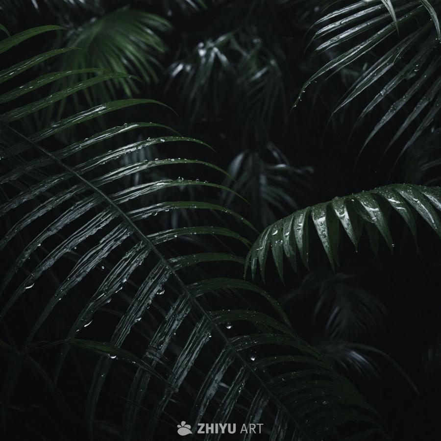 雨后的丛林中，深色的棕榈叶上覆盖着水滴，呈现出闪亮