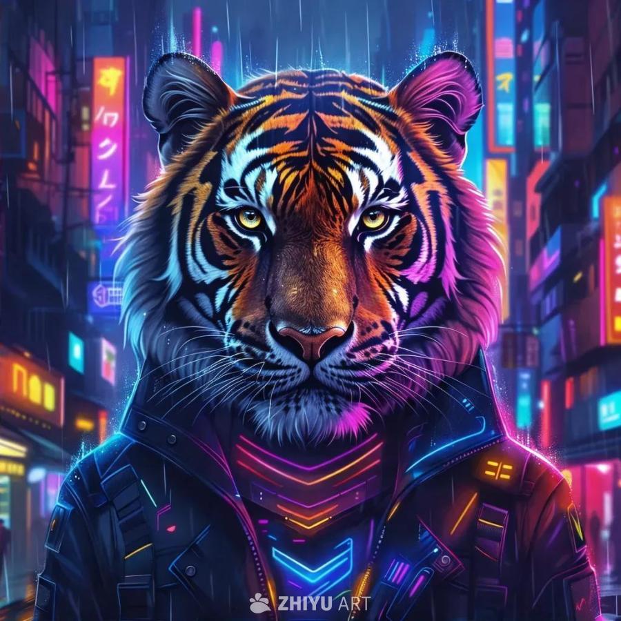 一只老虎，它有着橙色和黑色的条纹，穿着一件带有霓虹
