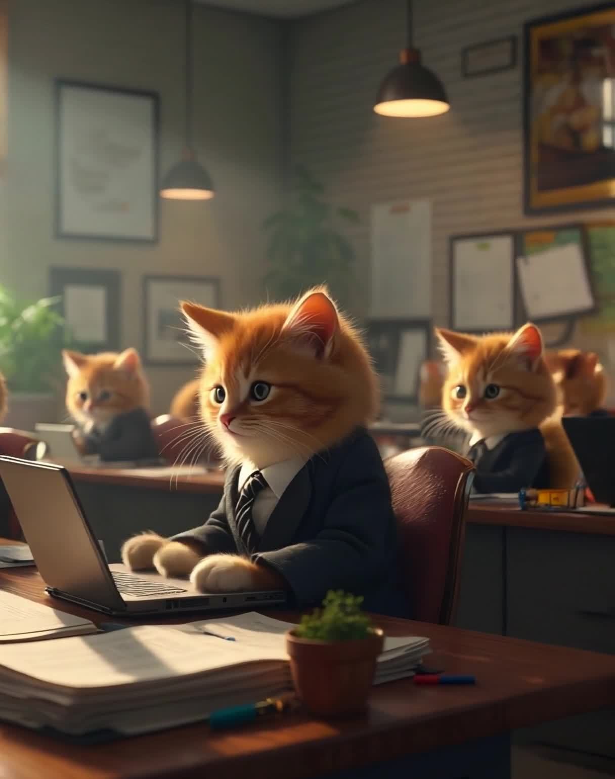 一群戴着领带、穿着西装的猫咪员工坐在办公桌前。其中