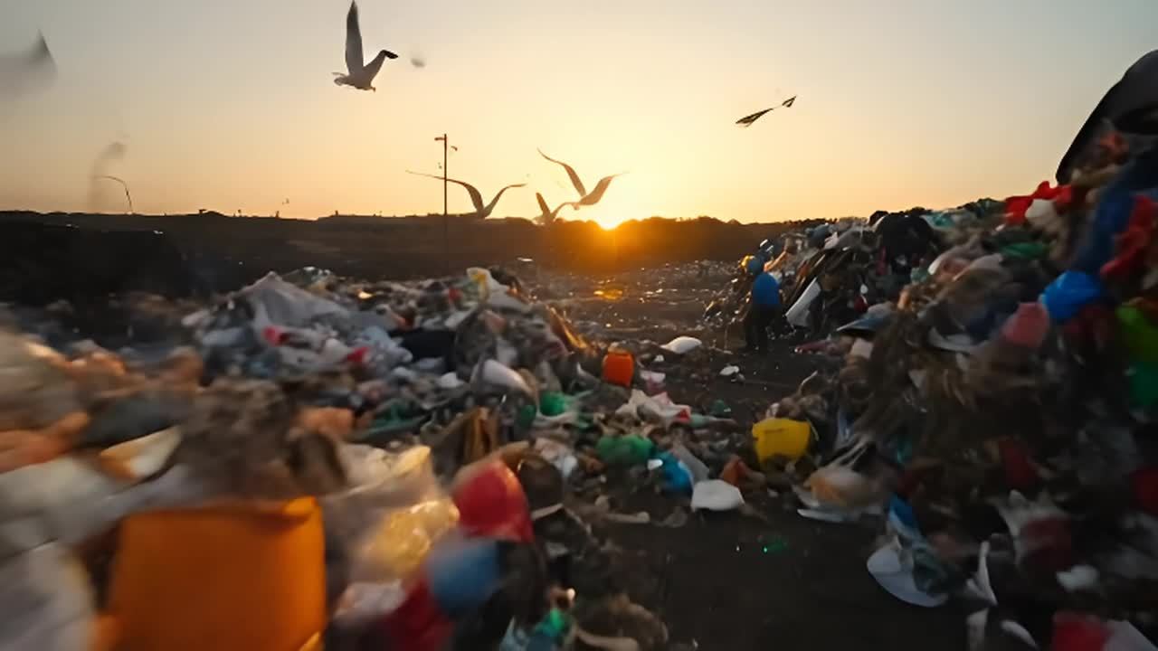 垃圾填埋场混乱的场景。垃圾堆积如山，海鸥在上空盘旋