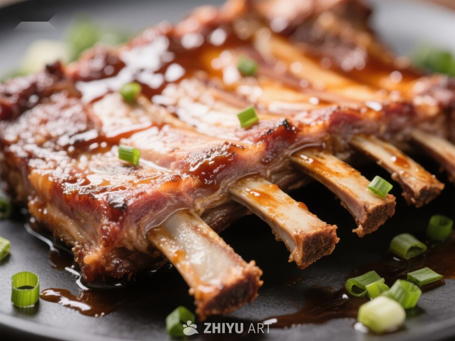 美味烤肋排配青葱点缀