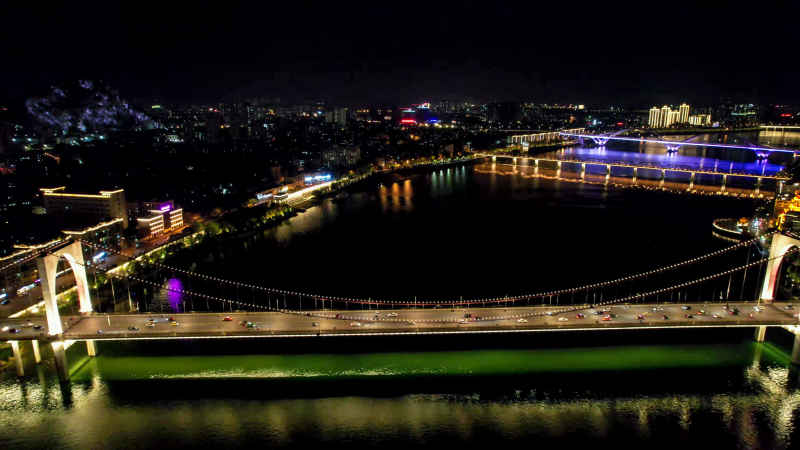 航拍广西柳州红光大桥夜景灯光  