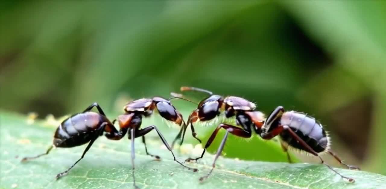 两只蚂蚁触角相触于绿叶之上