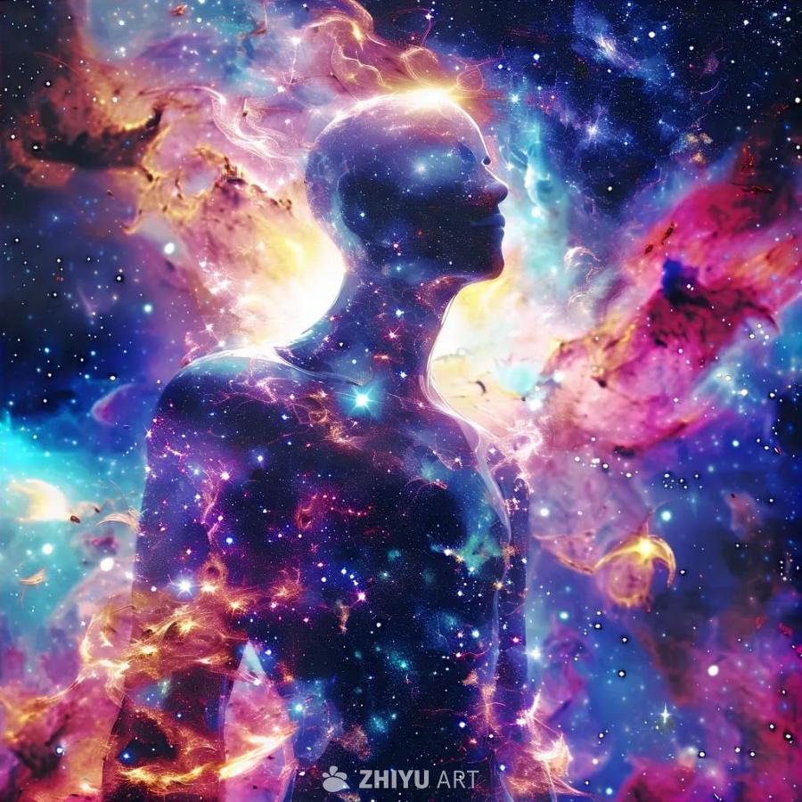一个人形宇宙形象正视前方，周围环绕着星云和星系的爆